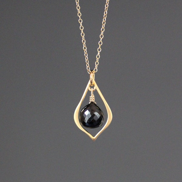 Black Spinel Necklace - Gold Pendant Necklace - Black Gemstone Pendant - Black and Gold Necklace - Gold Wire Wrapped Pendant