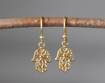 Hamsa Earrings - Hand of Fatima Earrings - Gold Hamsa Charms - Judaica Jewelry - 14k Gold Vermeil-  Symbolic Jewelry - All Gold Earrings