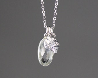 Quartz Crystal Necklace - April Birthstone Jewelry - Silver Shell Necklace - Gemstone Charm Necklace - Ocean Charm Necklace