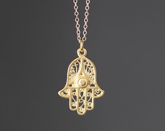Gold Hamsa Pendant - Hand of Fatima Necklace - Judaica Jewelry - Hamsa Hand Charm Necklace - Bat Mitzvah Gift - Matte Gold Hamsa
