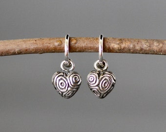 Silver Heart Earrings - Heart Charm Earrings - Silver Post Earrings - Bali Silver Earrings - Carved Silver Earrings