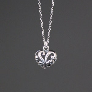 Silver Heart Necklace - Heart Charm Necklace - Filigree Heart Pendant - Bali Silver Heart - Small Heart Necklace - Romantic Jewelry