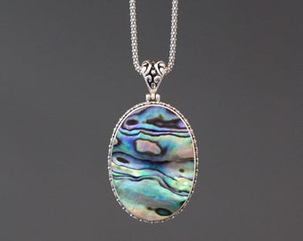 Abalone Shell and Bali Silver Necklace - Oval Pendant and Chain - Statement Jewelry