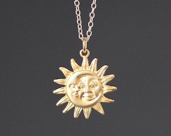 Sun and Moon Necklace - Gold Sun and Moon - Celestial Necklace - Gold Pendant Necklace