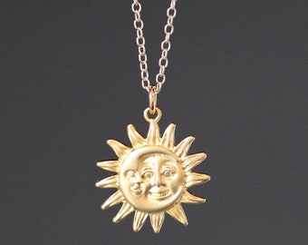 Sun and Moon Necklace - Gold Sun and Moon - Celestial Necklace - Gold Pendant Necklace