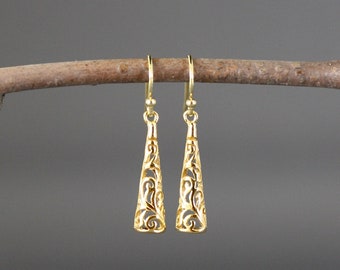 Gold Filigree Earrings - Long Gold Dangle Earrings - 24k Gold Vermeil Earrings - Gold Charm Earrings - Gold Cone Earrings