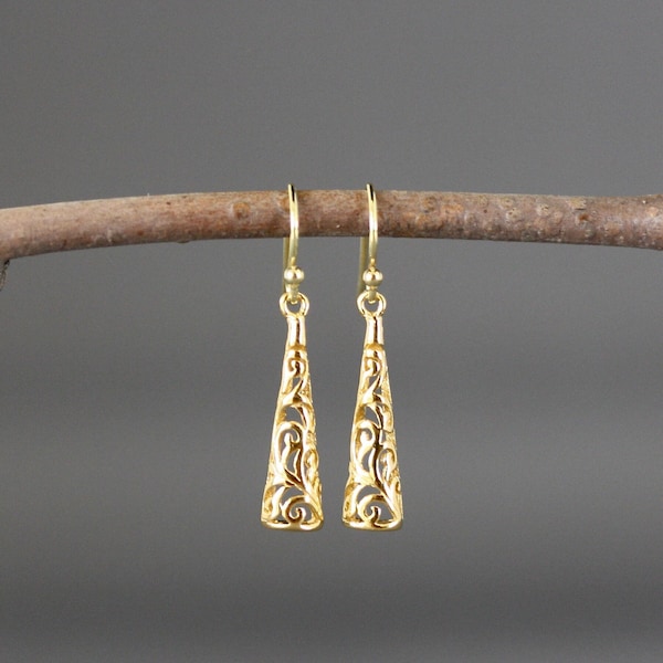 Gold Filigree Earrings - Long Gold Dangle Earrings - 24k Gold Vermeil Earrings - Gold Charm Earrings - Gold Cone Earrings