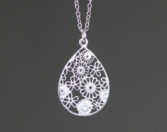 Silver Flower Necklace - Silver Filigree Pendant - Silver Teardrop Necklace - Sterling Silver - Lightweight Silver Necklace - All Silver