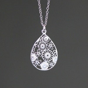Silver Flower Necklace - Silver Filigree Pendant - Silver Teardrop Necklace - Sterling Silver - Lightweight Silver Necklace - All Silver