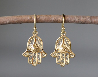 Gold Hamsa Earrings - Hand of Fatima - Judaica Jewelry - Bat Mitzvah Gift - Spiritual Jewelry - Protection Jewelry - All Gold Earrings
