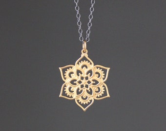 Mandala Flower Necklace - Gold Flower Necklace - Gold Flower Pendant - Gold Charm Necklace - Gold and Silver Necklace - Matte Gold Charm