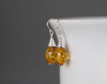 Yellow Gemstone Earrings - Natural Gemstone Earrings - Silver Wire Wrapped Earrings - Bali Silver Earrings - Oval Stone Earrings