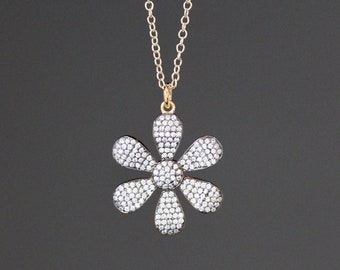 Flower Pendant Necklace - Pave Pendant Necklace - White Topaz Necklace - Special Occasion Jewelry - Wedding Jewelry