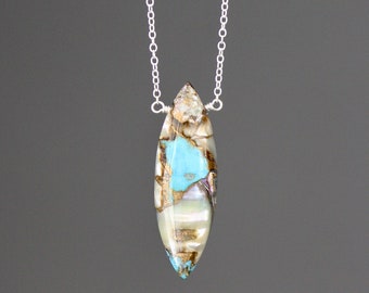 Turquoise Pendant Necklace - Copper Turquoise Necklace - Turquoise and Silver - Bronze Abalone Necklace