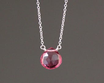 Pink Quartz Necklace - Fuchsia and Silver Necklace - Single Stone Necklace - Gemstone Necklace - Wire Wrap Necklace - Teardrop Stone Pendant