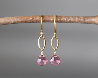 Pink Quartz Earrings - Pink and Gold Earrings - Matte Gold Earrings - Fuchsia Earrings