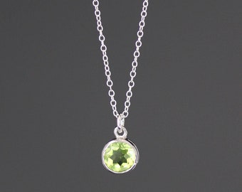 Peridot Pendant Necklace - Green Gemstone Pendant - August Birthstone - Silver Necklace - Round Gem Necklace - Small Silver Necklace