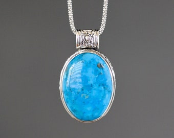 Copper Turquoise Pendant - Blue Copper Turquoise - Bali Silver Necklace - Blue Gemstone Necklace - Oval Pendant - Statement Necklace