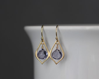 Iolite Quartz Earrings - Blue and Gold Earrings - Blue Gemstone Earrings - Matte Gold - Gold Wire Wrapped Earrings - Chandelier Earrings