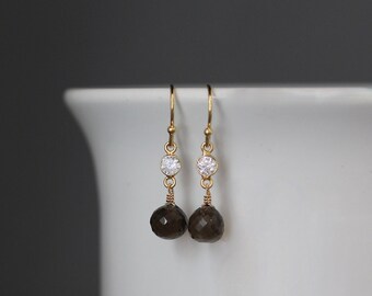 Smokey Quartz Earrings - Cubic Zirconia Earrings - Brown and Gold Earrings - Wire Wrapped Earrings Gold - Brown Gemstone Earrings
