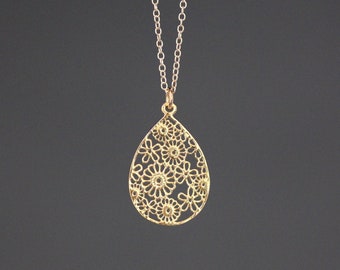 Gold Flower Necklace - Gold Filigree Necklace - Gold Flower Pendant - Gold Statement Necklace - Gold Teardrop Pendant - 14k Gold Vermeil