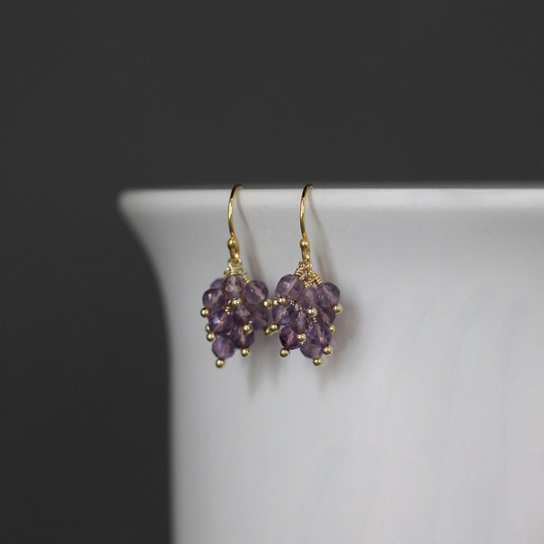 Amethyst Earrings - Purple Gemstone Earrings - Cluster Earrings - Wire Wrapped Earrings Gold - Multi Gemstone Earrings
