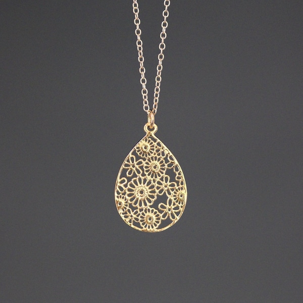 Collier fleur en or - Collier en filigrane d'or - Pendentif fleur en or - Collier tendance en or - Or vermeil 14 carats