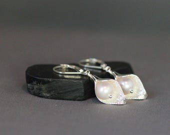 Pearl and Silver Earrings - Calla Lily Earrings - Bali Silver Earrings - Pearl Drops - Freshwater Pearl Earrings - Earrings for Bride