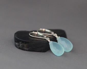 Aqua Chalcedony and Sterling Silver Leverback Earrings - Green Gemstone Jewelry