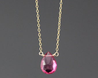 Fuchsia Quartz and Gold Necklace - Pink Gemstone Wire Wrapped Pendant - 14k Gold Filled