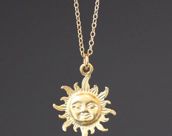 Gold Sun Necklace - Gold Sun Pendant - Celestial Necklace - Gold Pendant Necklace - Nature Jewelry - Gold Charm Necklace - Matte Gold Charm
