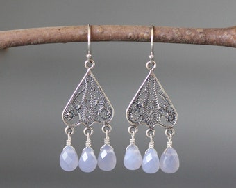 Blue Chalcedony Earrings - Silver Chandelier Earrings - Silver Filigree Earrings - Bali Silver Earrings - Silver Wire Wrapped Earrings