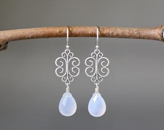 Blue Chalcedony Earrings - Silver Filigree Earrings - Silver Dangle Earrings - Bali Silver Earrings - Silver Wire Wrapped Earrings