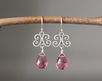 Pink Quartz Earrings - Fuchsia Earrings - Bali Silver Earrings -  Pink Gemstone Earrings - Silver Filigree Earrings