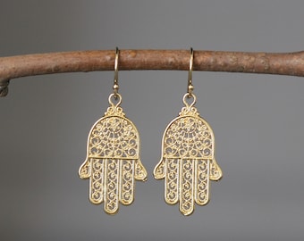 Hamsa Earrings - Gold Hamsa Hand - Hand of Fatima - Judaica Jewelry - Hamsa Charm Earrings - Gold Filigree Hamsa - Spiritual Earrings