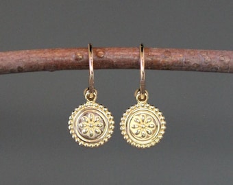 Gold Medallion Earrings - Gold Flower Earrings - Gold Coin Earrings - Post Hoop Earrings - Small Gold Earrings - All Gold Earrings