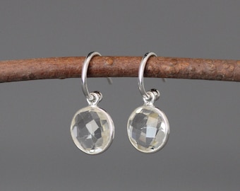 Quartz Crystal Earrings - Clear Gemstone Earrings -  Silver Post Hoop - April Birthstone - Gemstone Charm Earrings - Gemstone Bezel Earrings