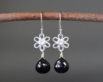 Black Spinel Earrings - Silver Flower Earrings - Black Gemstone Earrings - Bali Silver Earrings - Black and Silver - Wire Wrapped Earrings