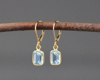 Blue Topaz and Gold Leverback Earrings - Emerald Cut Gemstone Dangles - December Birthstone Jewelry