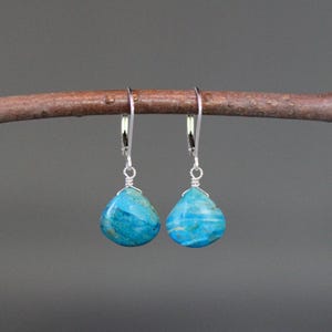 May include: A pair of teardrop-shaped earrings with a vibrant turquoise stone. The earrings are suspended from silver-colored lever-back ear wires. The stones have a marbled appearance with shades of blue and hints of brown.