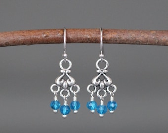 Teal Apatite Earrings - Small Chandelier Earrings - Blue Gemstone Earrings - Teal Blue Apatite - Silver Wire Wrapped Earrings