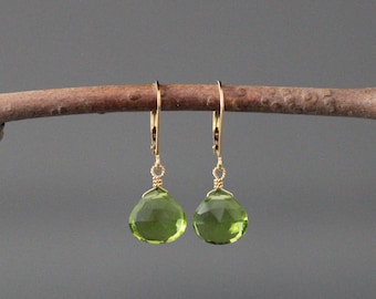 Peridot Quartz and Gold Leverback Earrings - Green Gemstone Dangles - Wire Wrapped Jewelry