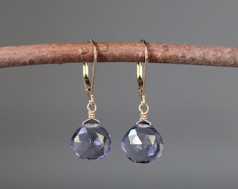 Blue Iolite Quartz Earrings - 14k Gold Filled Leverback Earwires - Gemstone and Wire Wrapped Jewelry - Single Stone Dangles