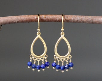 Lapis and Gold Earrings - Blue Gemstone Earrings - Gold Chandelier Earrings - Blue and Gold Earrings - Wire Wrapped Earrings - Matte Gold