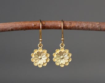 Gold Flower Dangle Earrings - Floral Charm Jewelry - 18k Gold Vermeil