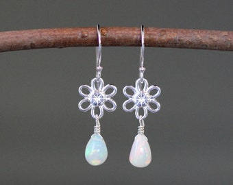 Ethiopian Opal Earrings - Opal and Silver Earrings - Silver Flower Earrings - Sterling Silver Earrings - Opalescent Earrings - Wire Wrap