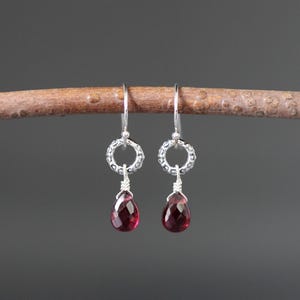 Garnet and Silver Earrings - Bali Silver Earrings - Red Gemstone Earrings - Silver Dangles - Silver Wire Wrap Earrings - Stamped Silver