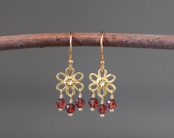 Garnet Earrings - Flower Dangles - Red Gemstones - January Birthstone Jewelry - Wire Wrapped Earrings - 24k Gold Vermeil