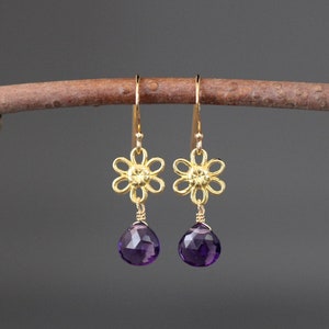 Amethyst Quartz Earrings - Gold Flower Earrings - Purple Gemstone Earrings - Purple and Gold Earrings - Wire Wrapped Gold - 24k Gold Vermeil