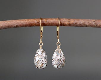 Copper Australian Opal Earrings - Multocolor Gemstone Earrings - Teardrop Earrings - Gold Wire Wrapped Earrings - Gold Leverback Earrings